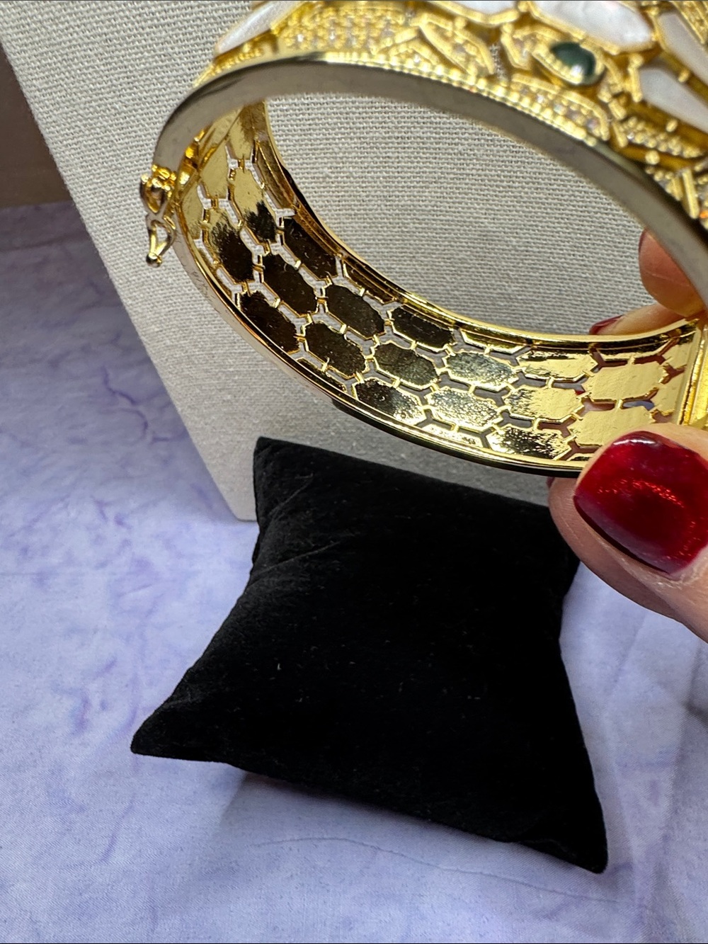 Gold-Tone Snake Cuff Bracelet with White Inlay and Green Stone Eyes - Picture 4 of 8